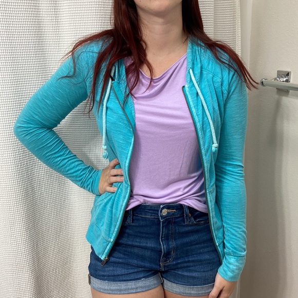 Women’s Mossimo Supply Co turquoise blue zip up jacket with hood. Size small. - Picture 1 of 12